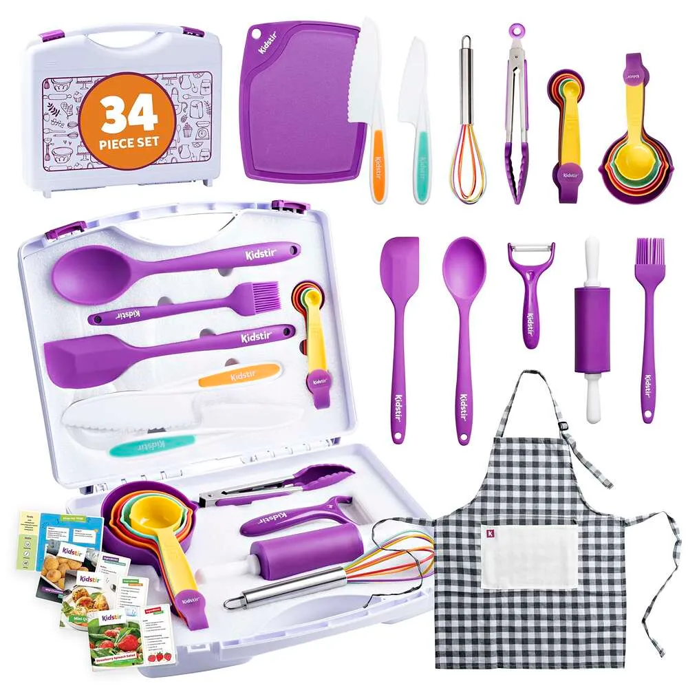 KIDSTIR Sets 34 Piece Real with Organizer Carrying Case, Utensils Girls Boys Kid Cooking Gift and Baking Set for Kids