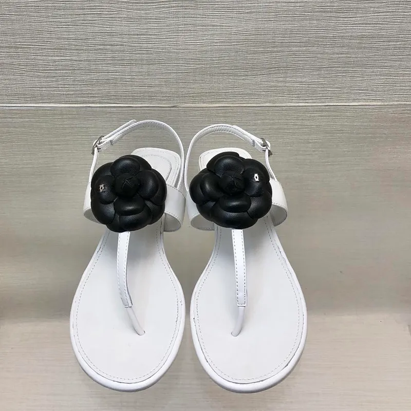 Sandálias femininas de designer plana flip-flops camélia sandálias t-amarrado tornozelo cinta de couro sapatos de praia apliques casual chinelo