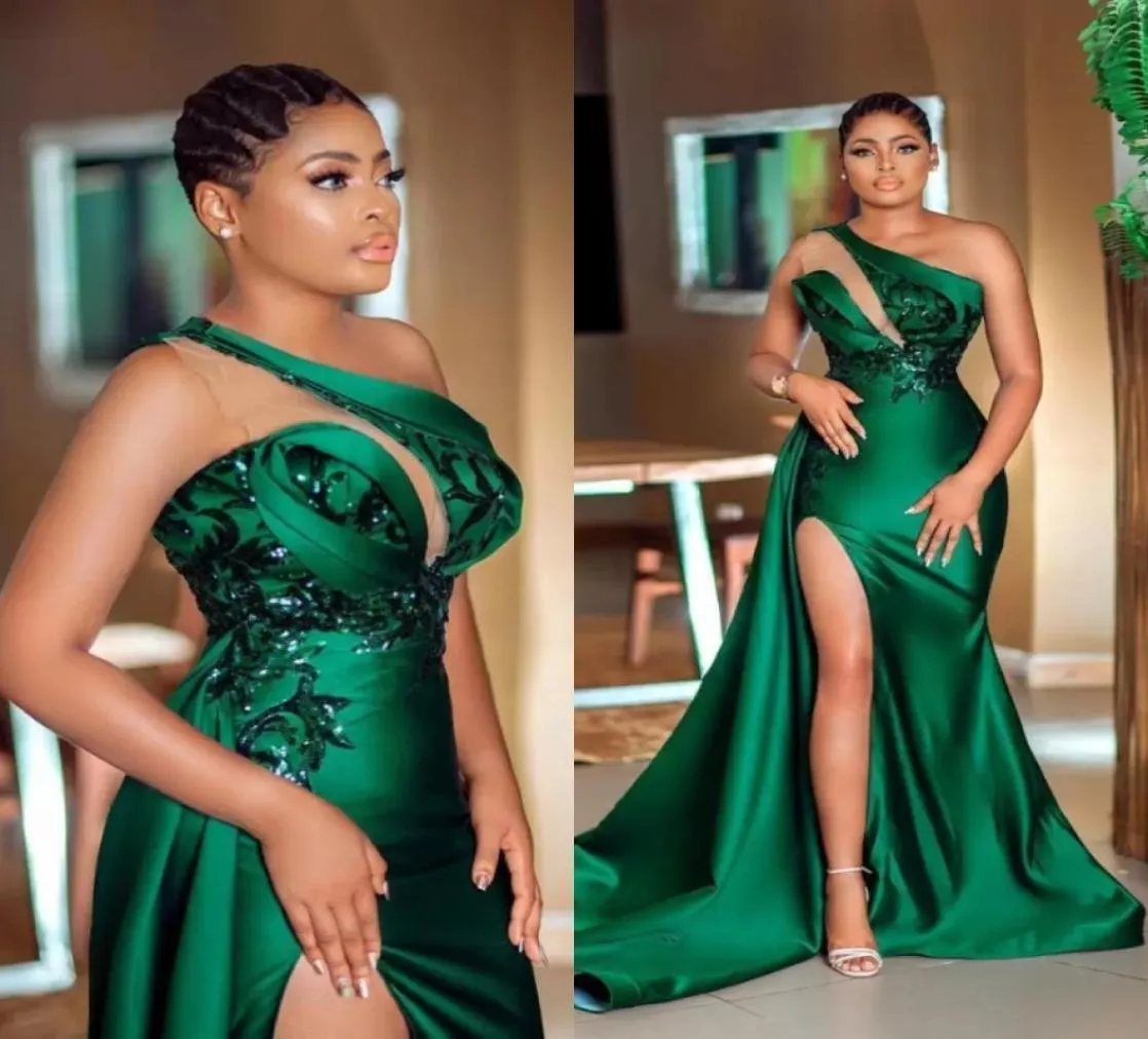 Sexy Hunter Green One Shoudler Dekolt Sukienki wieczorowe High Side Długie zamiatanie Vestidos de Fiesta Arabic Aso Ebi Ebi Sukienka Prom6876735