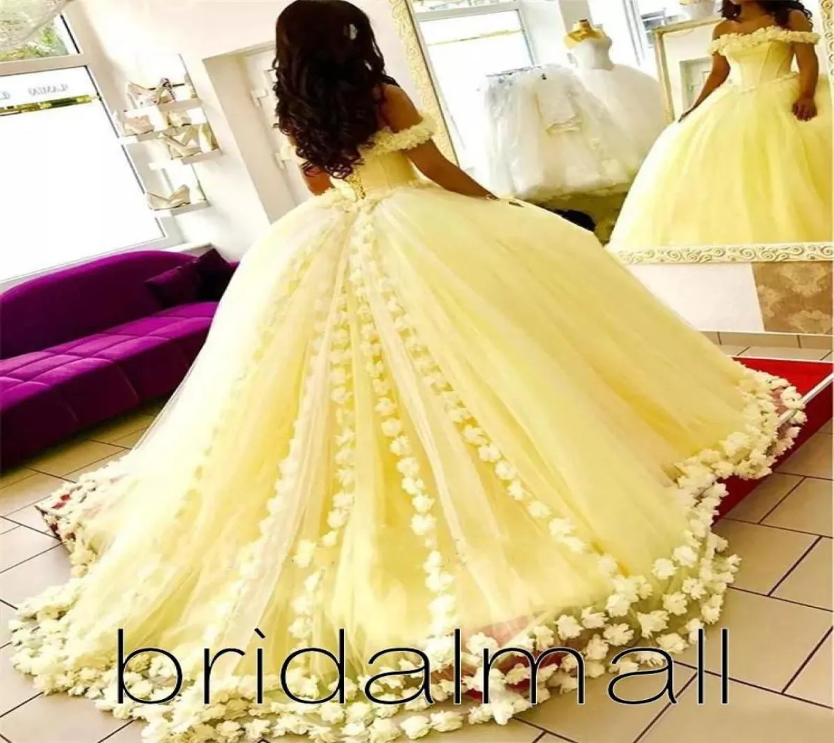 Abiti da principessa Sweet 16 Quinceanera con fiori fatti a mano al largo della spalla Abito da ballo in tulle giallo Abiti da ballo Festa formale Brid3721626