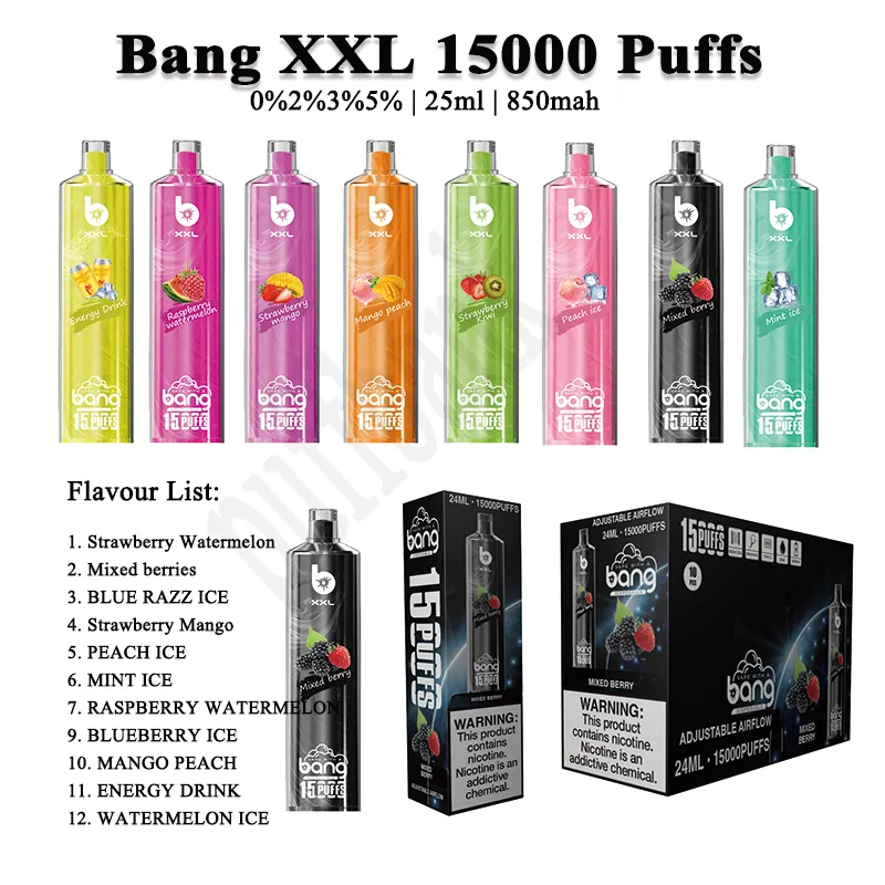 Cigarettes d'origine E TN 15000 XXL 15K 12K Prise en charge Crystal Design Bang TN 25ml E-Juice 15000 Puffs Vape Disposable 0% 2% 3% 5% Pen 12 FLAVORS EN STACK OEM / ODM