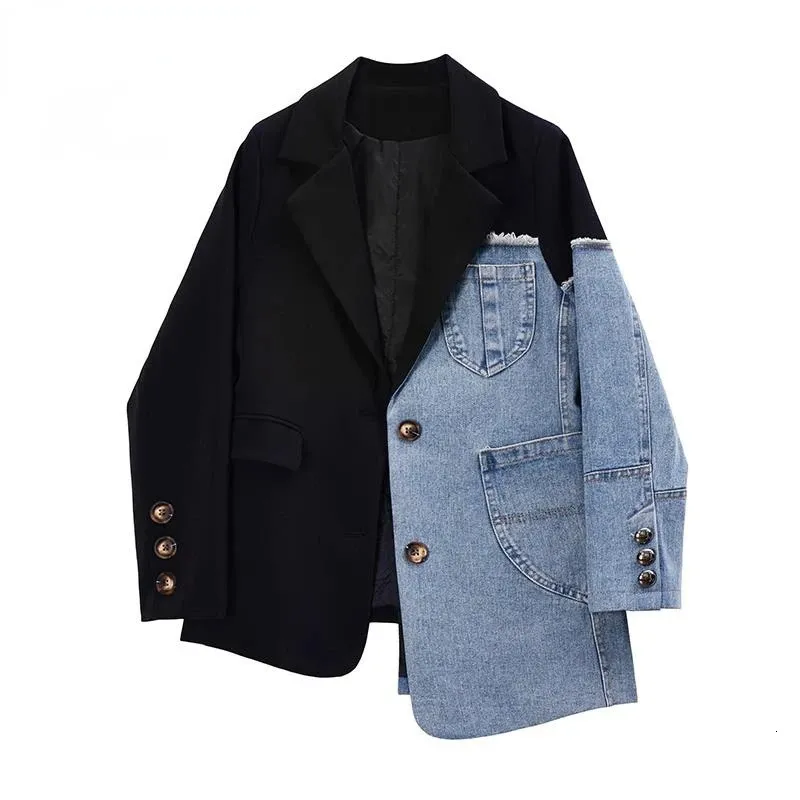 Women Korean Vintage Blazer Denim Patchwork Jackets Autumn Winter Fashion Irregular Coat Long Sleeve Loose Outerwear 240318