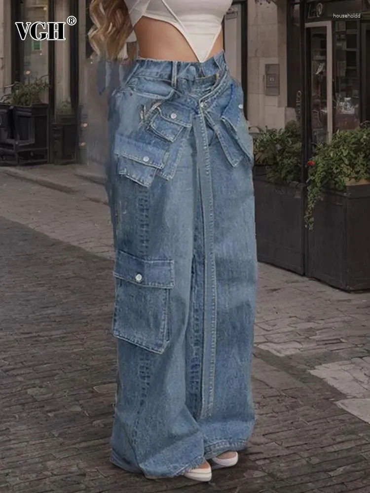 Calças femininas vgh sólido retalhos pocekt denim calças para mulheres cintura alta botão emendado streetwear solto comprimento total moda feminina
