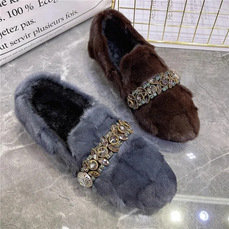 Casual Shoes Grey Women Flats Crystal Loafers Winter Warm Furry Driving Big Size 42 Espadrilles Black Creepers