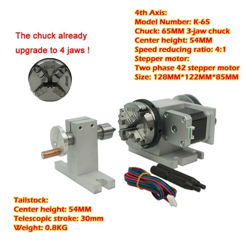 CNC-Drehachse mit 4. Achse und CNC-Reitstock, 54 mm Spitzenhöhe, 4-Backenfutter, NEMA 17-Motorgeschwindigkeitsreduzierungsverhältnis 4:1 für CNC-Fräser