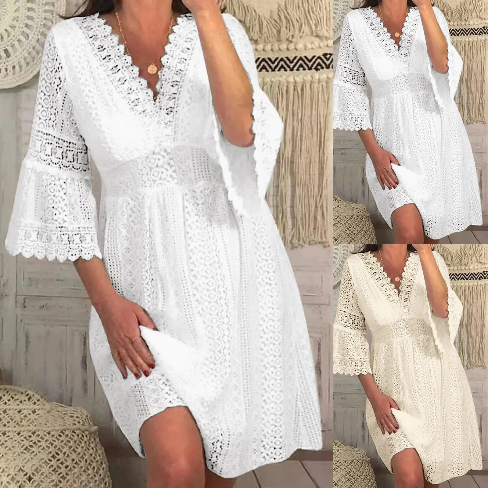 Hohles Spitzenkleid mit V-Ausschnitt für Damen, solides Kurzarmkleid, weißes Sommerkleid mit glitzernden Ärmeln, Freizeitkleid für Damen 2024 240322