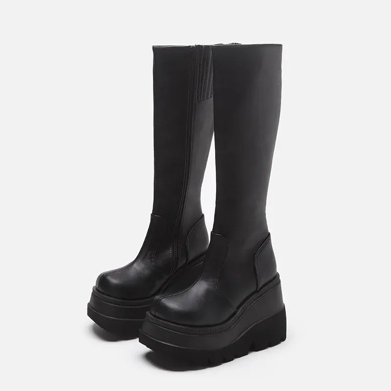 ブーツ冬のブーツ女性防水イギリススタイルローマ厚い靴底様式のミッドカーフサイドジッパーウェッジラウンドトープラットフォームパーティー女性靴43