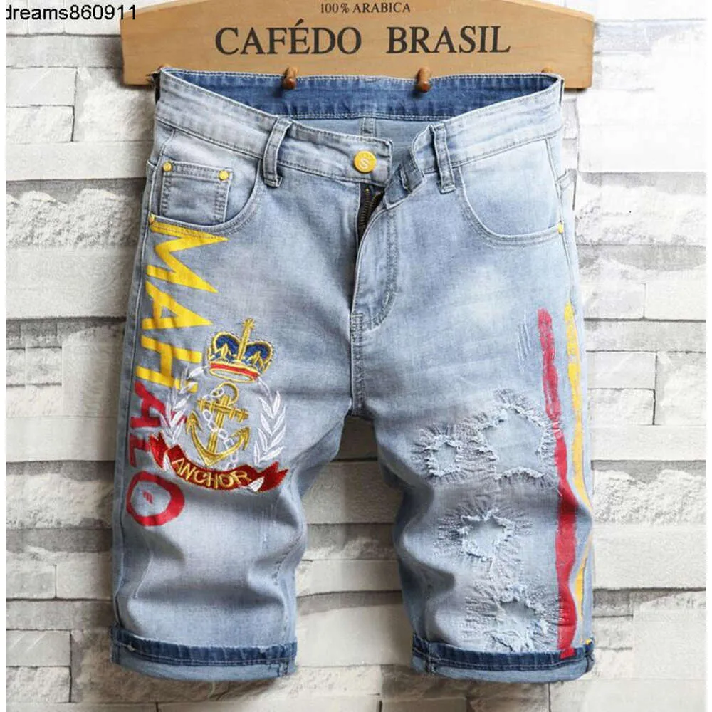 Men Embroidery Blue Jeans Denim Shorts Summer Designer Mens Badge Patckwork Bleached Retro Big Size Letters Patches Short Pants Trousers {category}