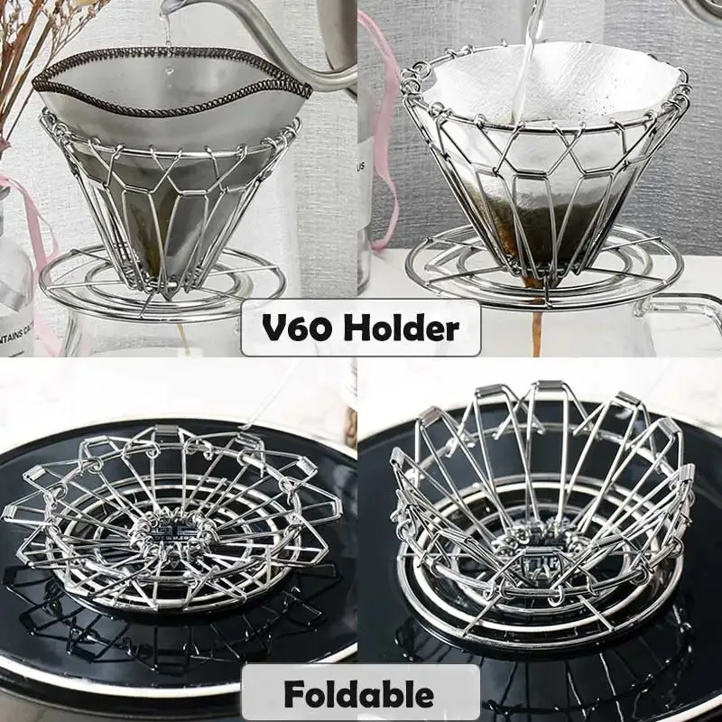 Coffee Filter Stainless Steel Cone Pour Over Coffee Dripper Stand Holder Foldable Portable Coffee Filter For Outdoor 240313