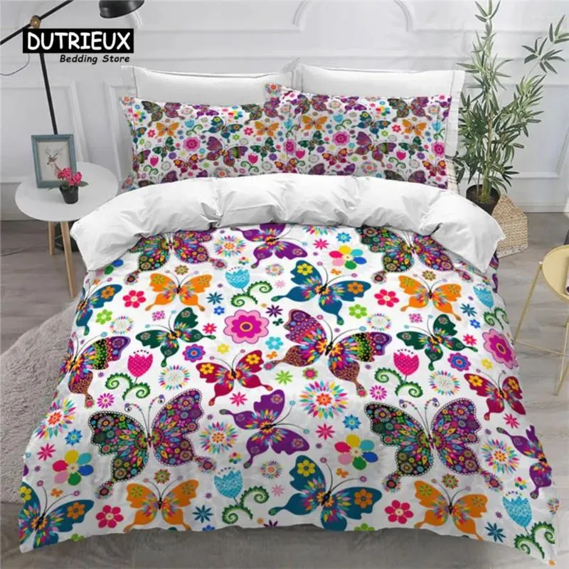 Conjuntos de cama Borboleta colorida e capa de edredão floral conjunto king size borboletas tema para crianças meninas consolador fronhas