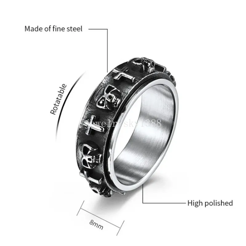 Stainless Steel Decompress Ring Retro 3D Skull Jesus Cross Rotatable Rings Band for Men Goth Jewelry