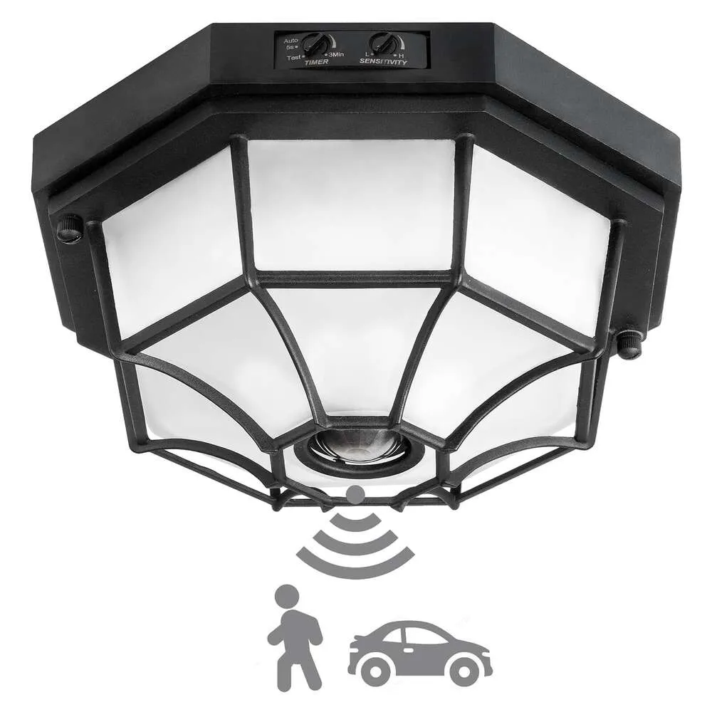 Luz de teto com sensor de movimento de montagem embutida para exterior VIOAOEAFA, acabamento preto com vidro fosco, luminária externa ideal para varanda frontal, garagem, coberta