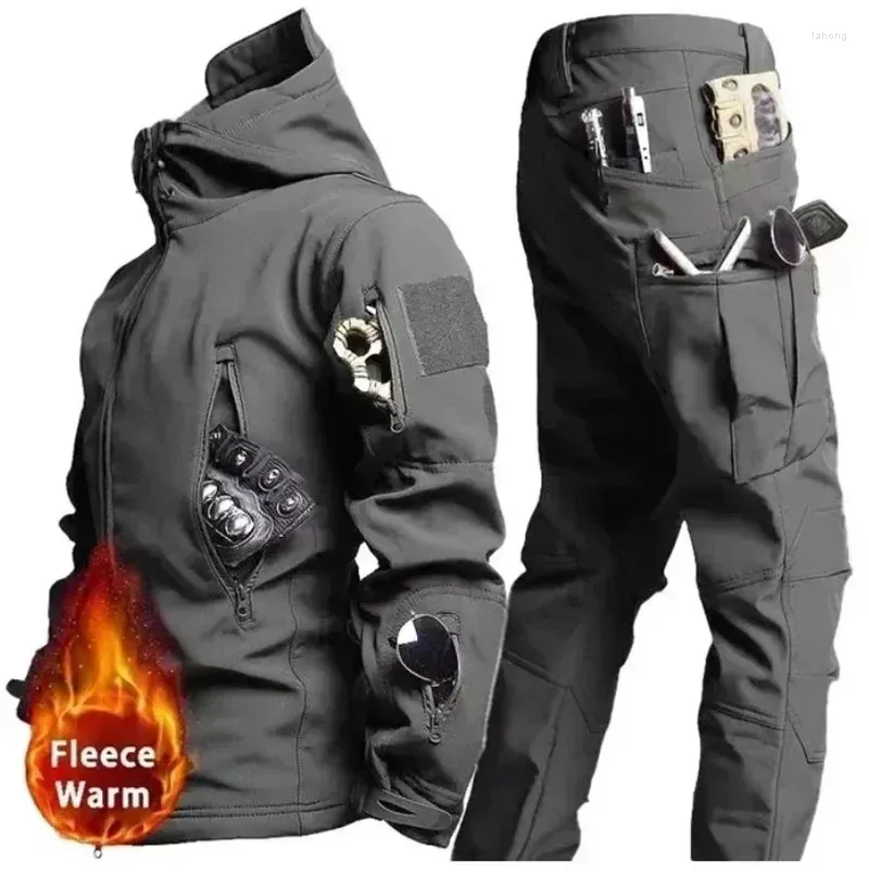 Hunting Jackets 2024 Severe Winter Special Tactics Training Soft Shell Plush Thickened Waterproof Windproof Hooded Warm Jacket And Pants Set