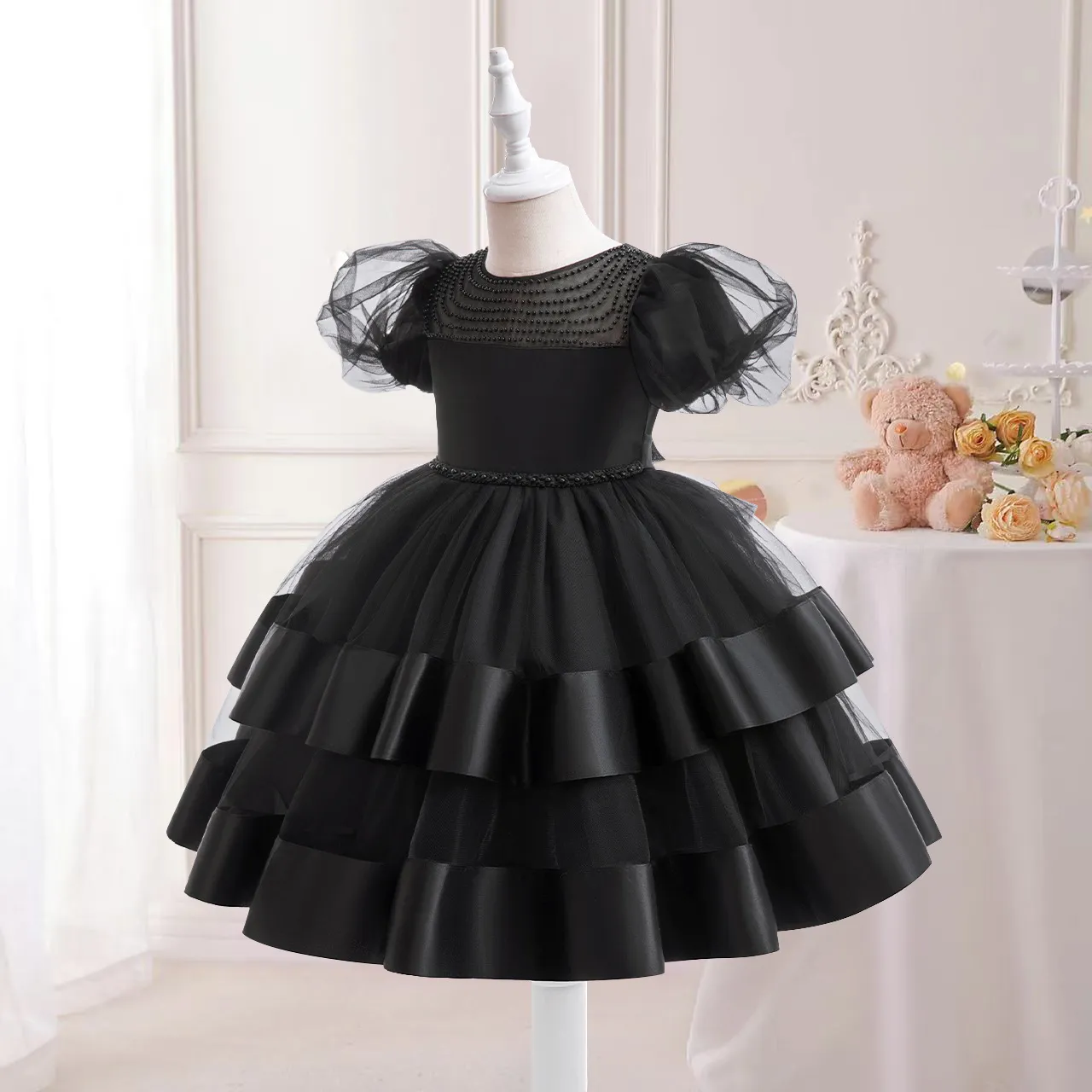 Robes de fille de fleur de bijou noir doux robes d'anniversaire de fille jupe de fête de filles robe de tous les jours vêtements de fête pour enfants SZ 2-4 D322128