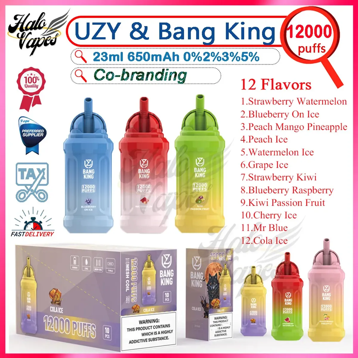 UZY Bang King 12000 Puff monouso Vapes Pen 0% 2% 3% 5% Forza 23ml Pod preriempito Vaporizzatore 650mAh Batteria ricaricabile Mesh Coil 12k Puffs Vape E Sigaretta