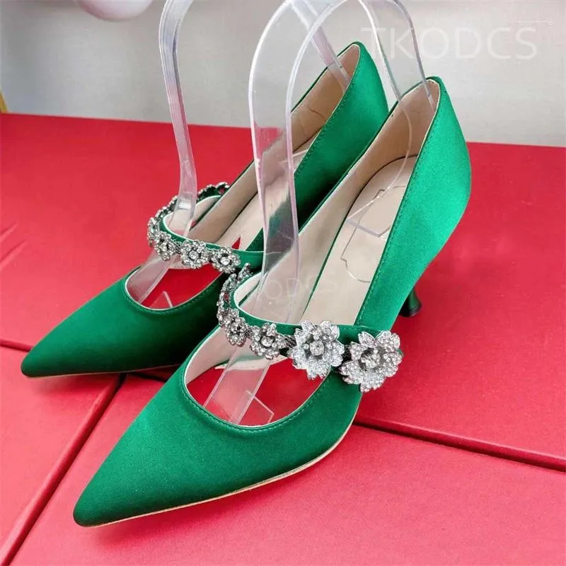 Dress Shoes Ladies Pointy Toe Satin Brand High Heel Women Crystal Flower Strap Flats White Bridal Wedding Party Pumps