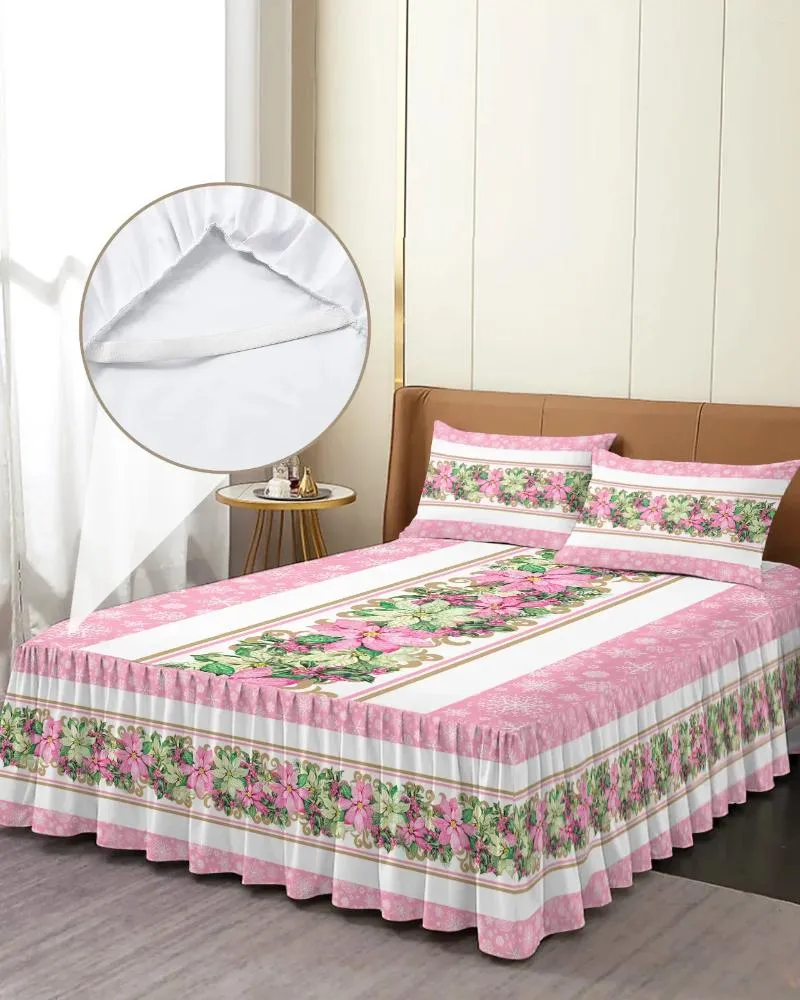 Gonna letto Natale Rosa Fiocco di neve Fiore Pianta Poinsettia Copriletto aderente con federe Coprimaterasso Set biancheria da letto