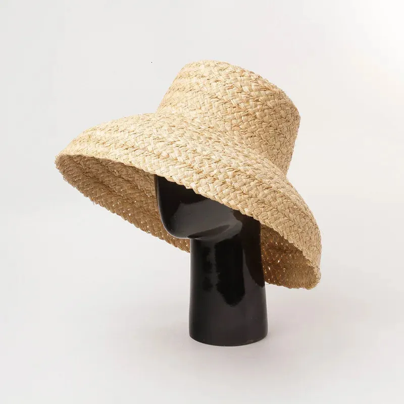 Mode femmes large bord raphia chapeau vacances plage chapeaux plat haut paille été soleil dames UV seau en gros 240318
