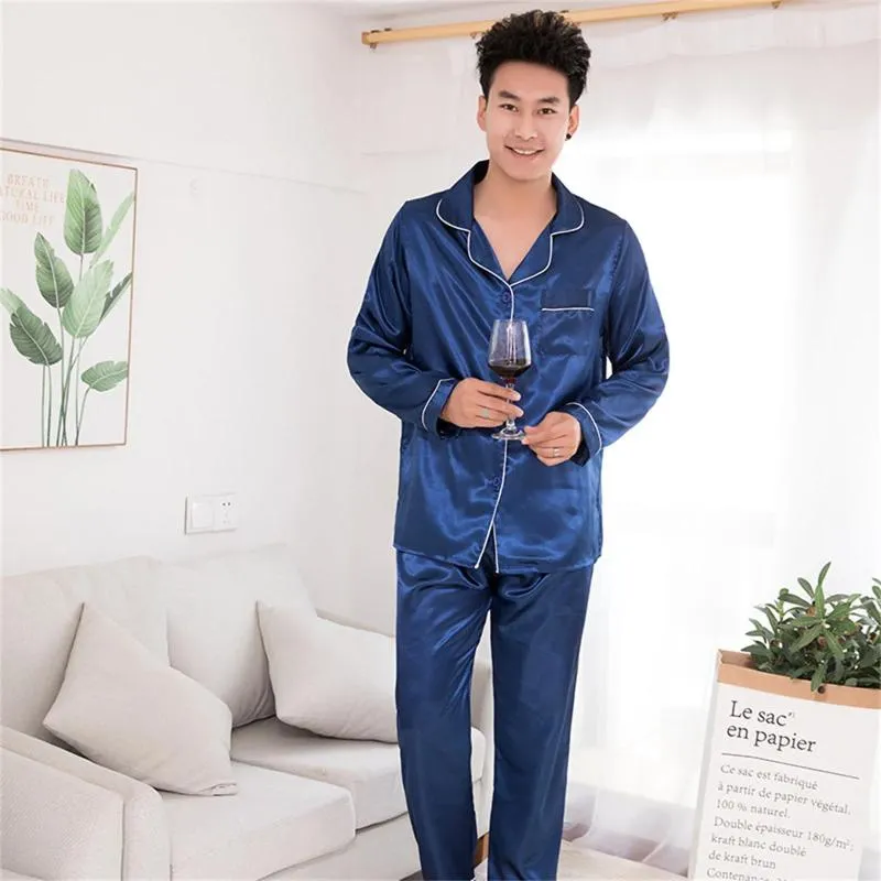 Men's Tracksuits Imitation Silk Home Wear Two Sets Of Solid Color Long Sleeve Trousers Casual M 1 Little L Stocking Gift