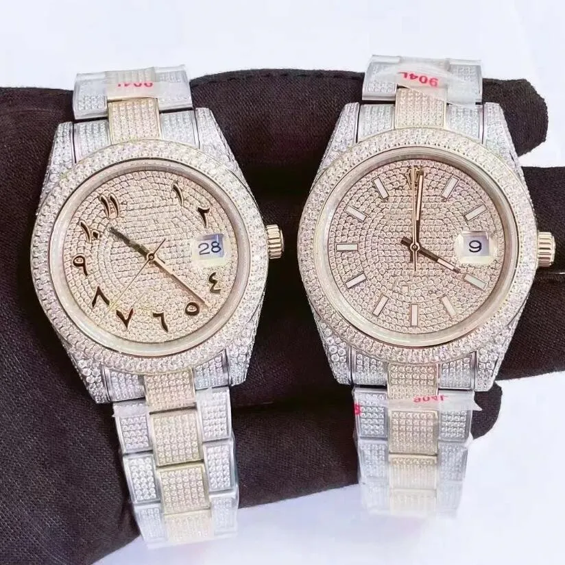 QC Full Diamond Watch President Datejust 41 мм 228236 Циферблат с арабской надписью Автоматические часы с сапфиром 18 карат Мужские Мужские наручные часы Двухцветное розовое золото