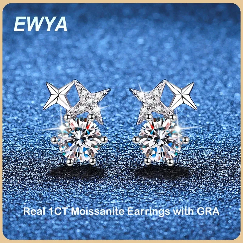 Ewya i D Color 1CT Star Stud Earrings for Women Party Fine Jewelry S925 Sterling Silver Diamond Earring 240228