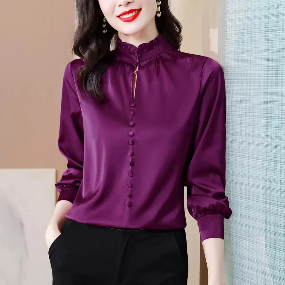 Moda kobieta bluzki stałe kolor długie rękawy koszule wiosna jesienna luźne topy ol biznesowe koszule biurowe żeńskie ubranie 240322