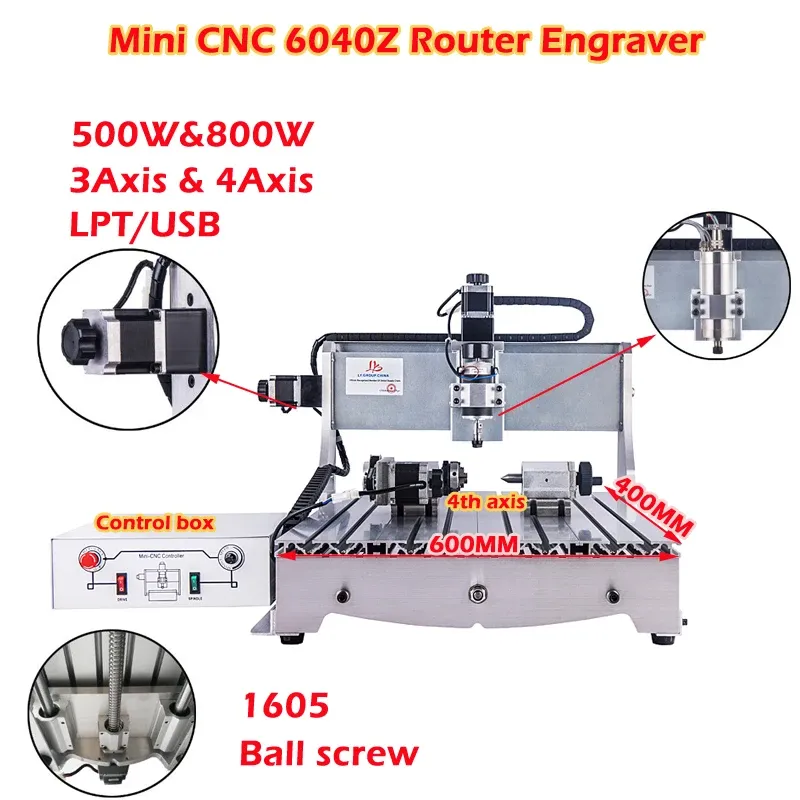 LY 6040 CNC Router 3/4Axis Engraver Milling Machine 500W 800W för träskarv med extern USB -adaptergraveringsområde 600x400mm
