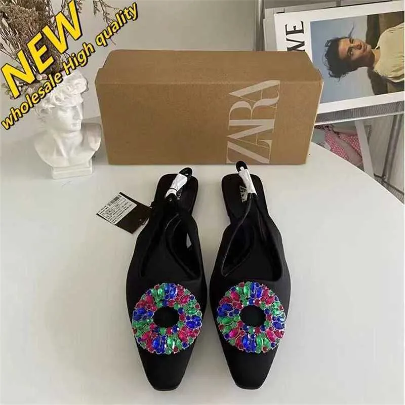 Magasin pas cher 90% de réduction en gros Za Femmes Chaussures Coloré Eau Diamant Bouton Décoration Soleil Fond Plat Sandales Talon Pantoufles Bouche Peu Profonde Dos Vide Femmes