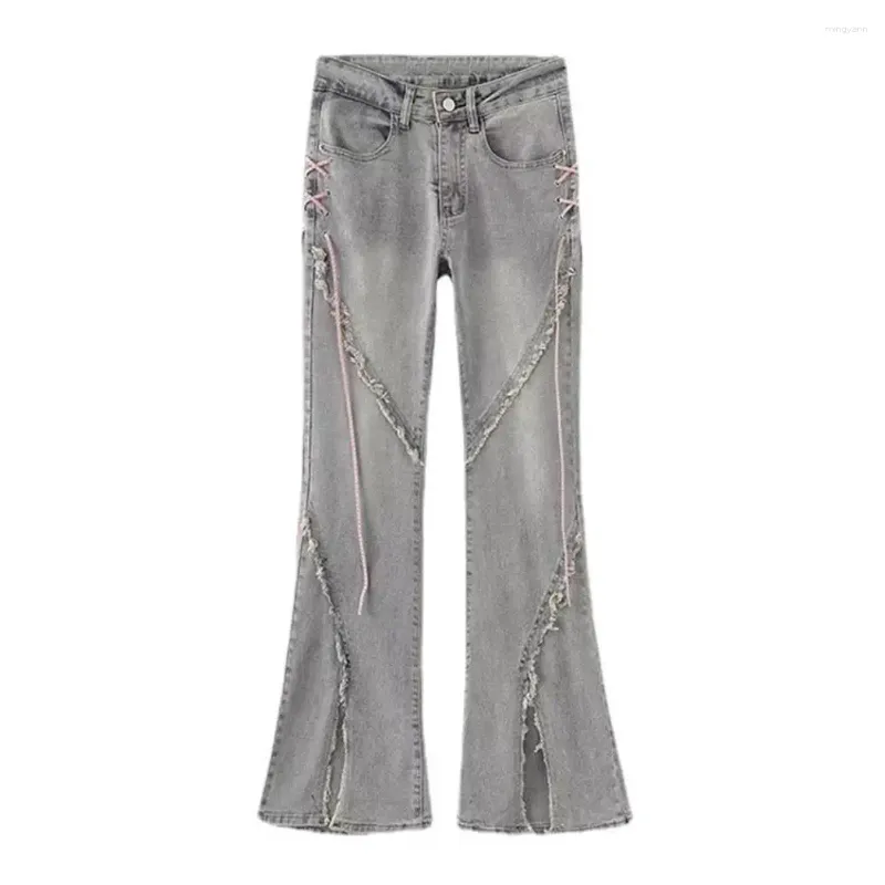 Jeans pour femmes, pantalon en Denim, taille haute, ourlet évasé, déchiré avec sangle, décor, détail Patchwork, Streetwear