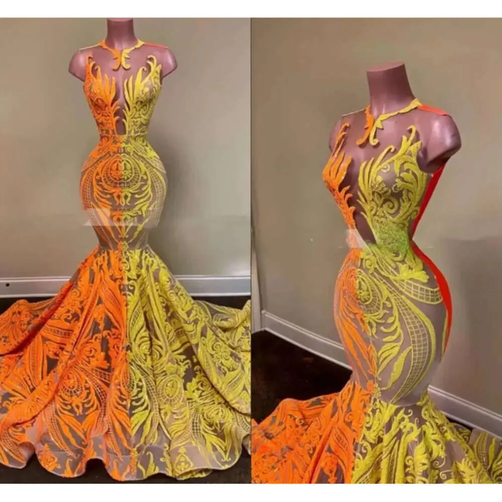 Eleganta nya långa balklänningar Sheer O Neck Orange och Yellow Sequin African Women Black Girls Mermaid Evening Party Gowns Range