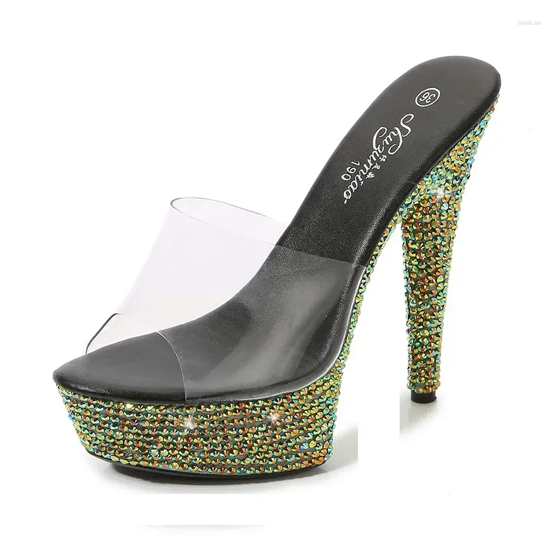 スリッパグリーンラインストーン夏透明ダイヤモンドサンダルナイトクラブ薄いハイヒールセクシーパーティーウォークショーブリング女性靴