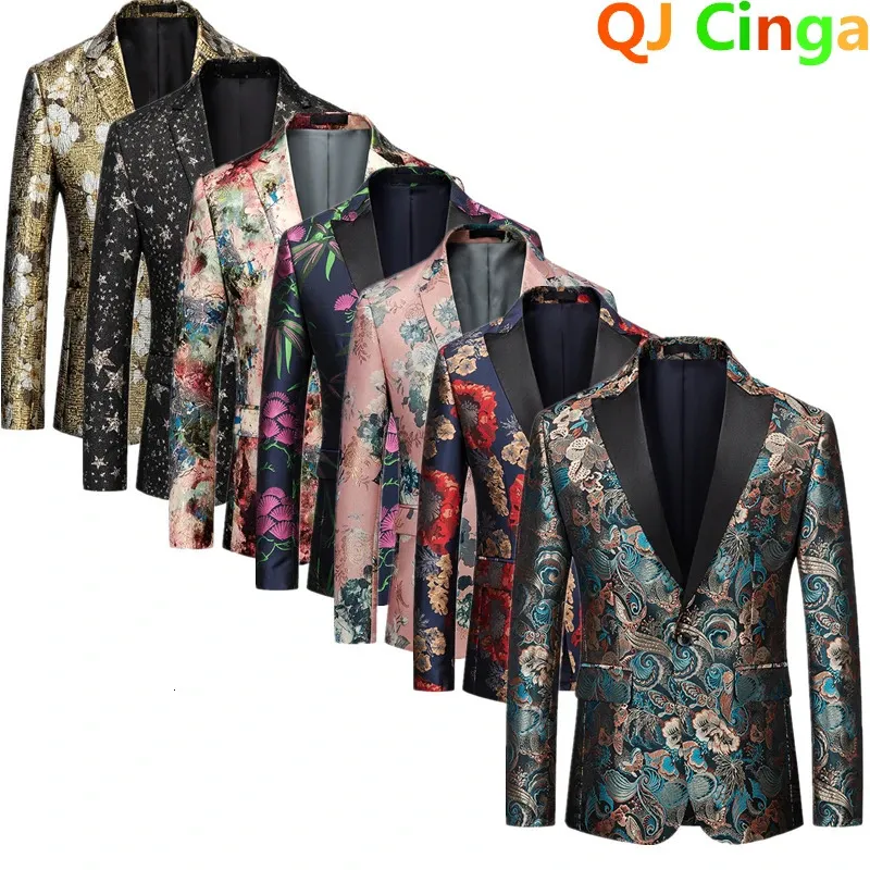 Pojedyncze piersi z nadrukiem z długim rękawem Męskie wykończenie mody sukienka Mężczyzn Wedding Busines Blazer Masculino M-5xl 6xl 240318