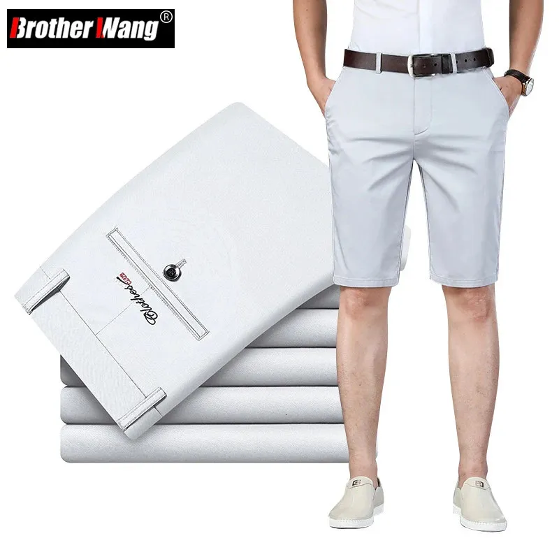 6 cores shorts casuais homens verão em linha reta elástico negócios moda fina calças curtas masculino marca cáqui bege preto marinho 240314