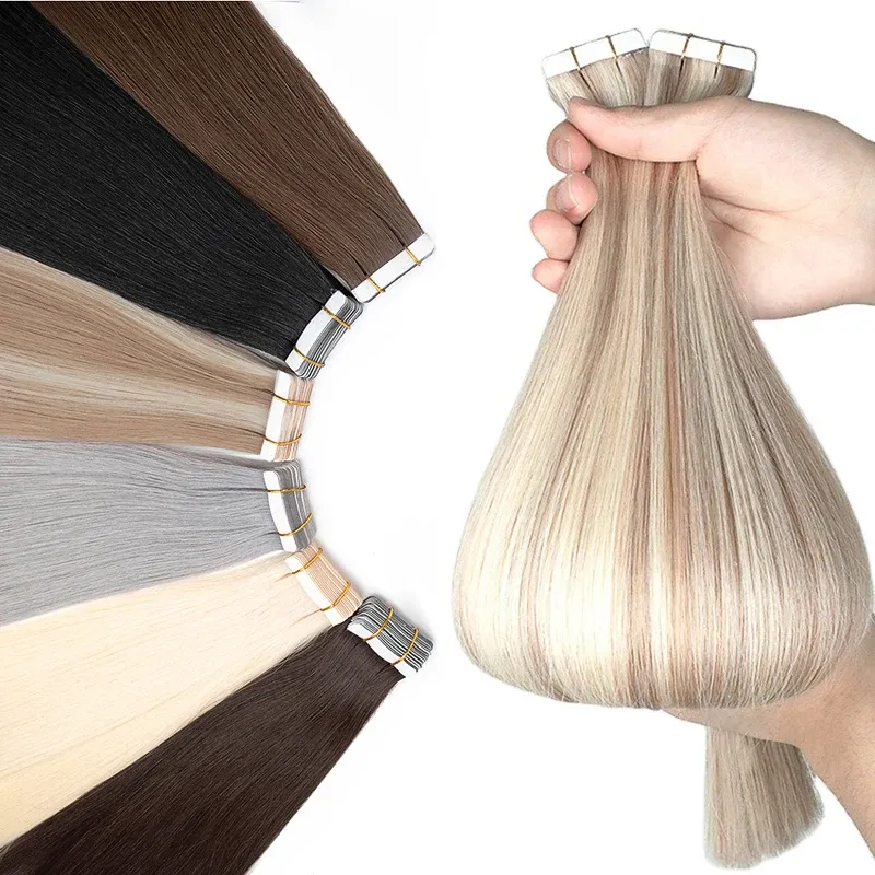 Extensions JENSFN Tape In Haarverlängerungen Echthaar 100 % Remy Natural 16"24" Zoll 613 Straight PU Skin Weft Tape Ins für den Salon