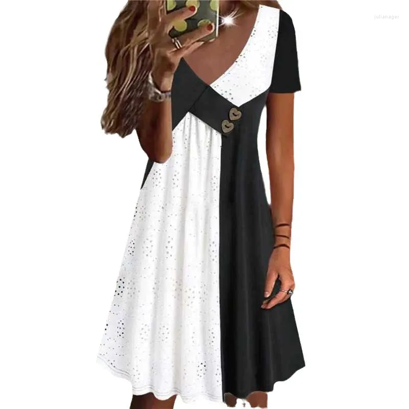 Vestidos casuais vestido feminino primavera 2024 emendado colarinho cruzado fivela decorativa manga curta preto e branco contrastante
