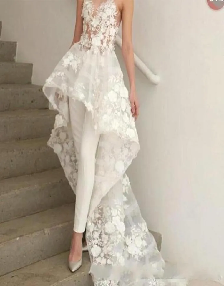 Projetado apliques florais vestidos de casamento 2019 querida pescoço calças femininas terno praia vestidos de noiva varredura trem com flores formal1931693