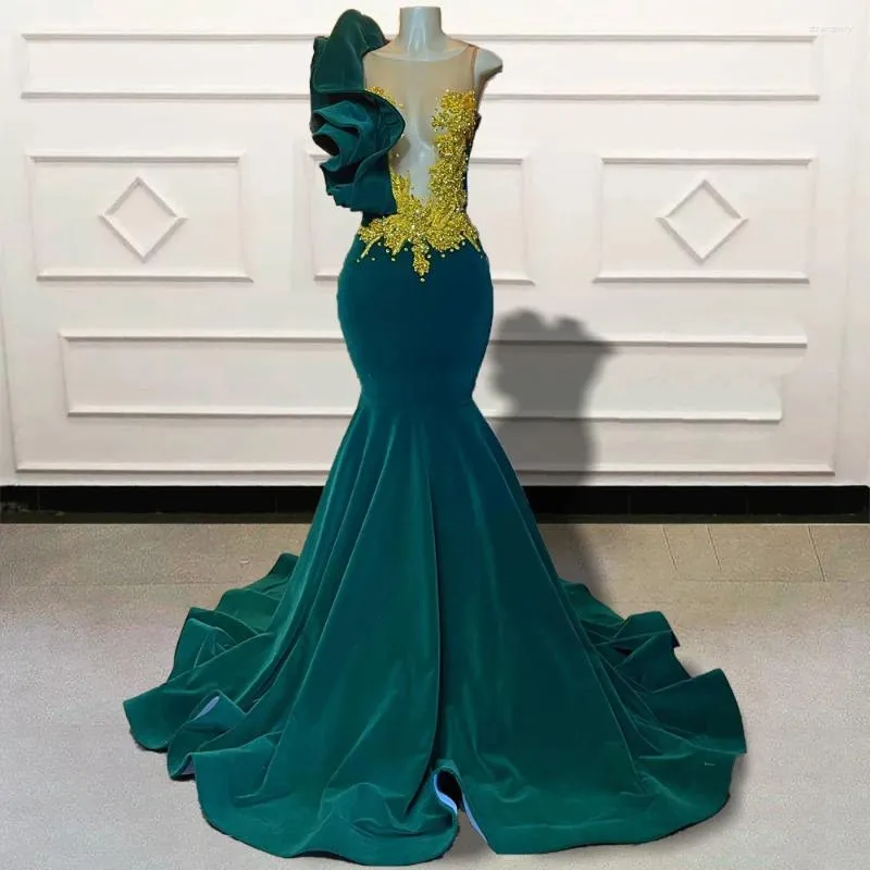 Party Dresses Green Beaded Velvet Mermaid Long Prom 2024 For Black Girls Graduation Sheer Mesh Women Custom Formal Evening Gown