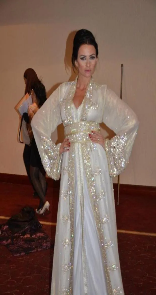 2020 MUSLIM DUBAI KAFTAN AVSIKT KLÄNNER LACE V NACK Lång ärm Vit Crystal Pärlad Bling Sparkle Arabiska Sashes Formella prom Page3028861