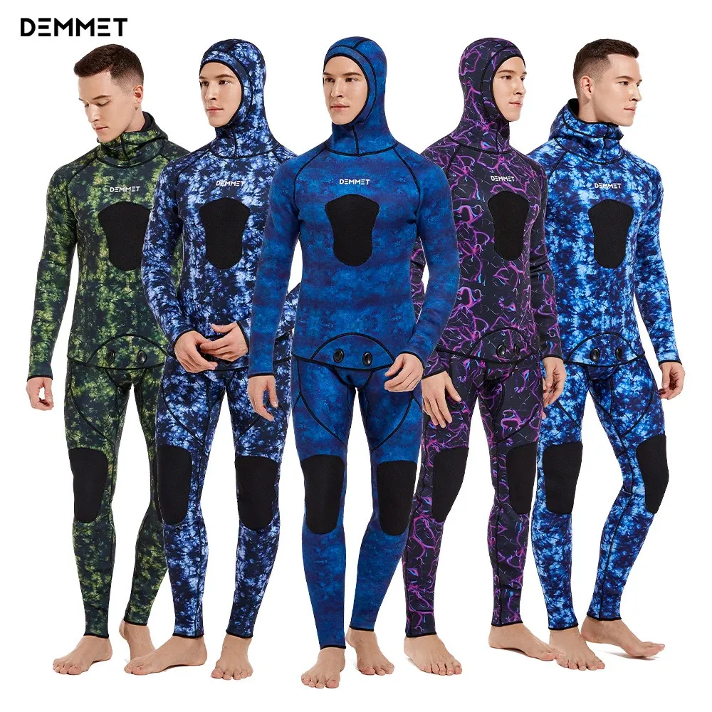 Kamouflage våtdräkt långärmad fission huva 2 stycken m neopren nedsänkbar kostym för män håller varm vattentät dykning 240321