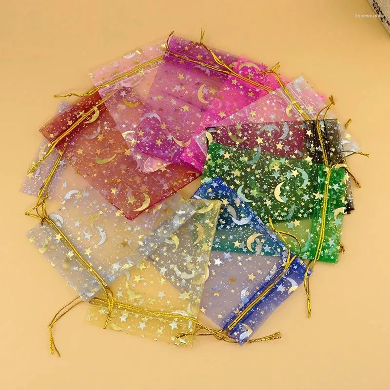 Bolsas de jóias 100 pçs/lote cor misturada organza sacos de presente 9 12cm cordão estrela lua padrão sacos bolsa