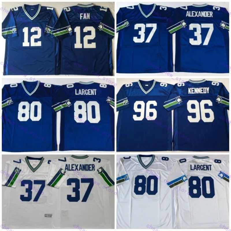 Винтажный трикотаж 80 Steve Largent 12 12th Fan 96 Cortez Kennedy, футбольные майки, сшитые рубашки, мужские синие, белые рубашки с вышивкой