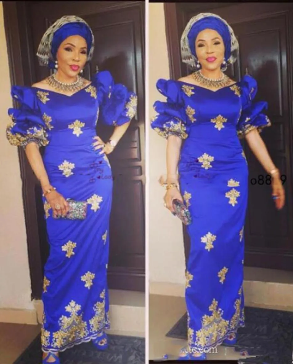 Royal Blue Nigeria Aso Ebi Sheath Prom Dresses With Gold Lace Appliques Evening Dress African Arabic Half Hleeves Party Gown Vesti6834092