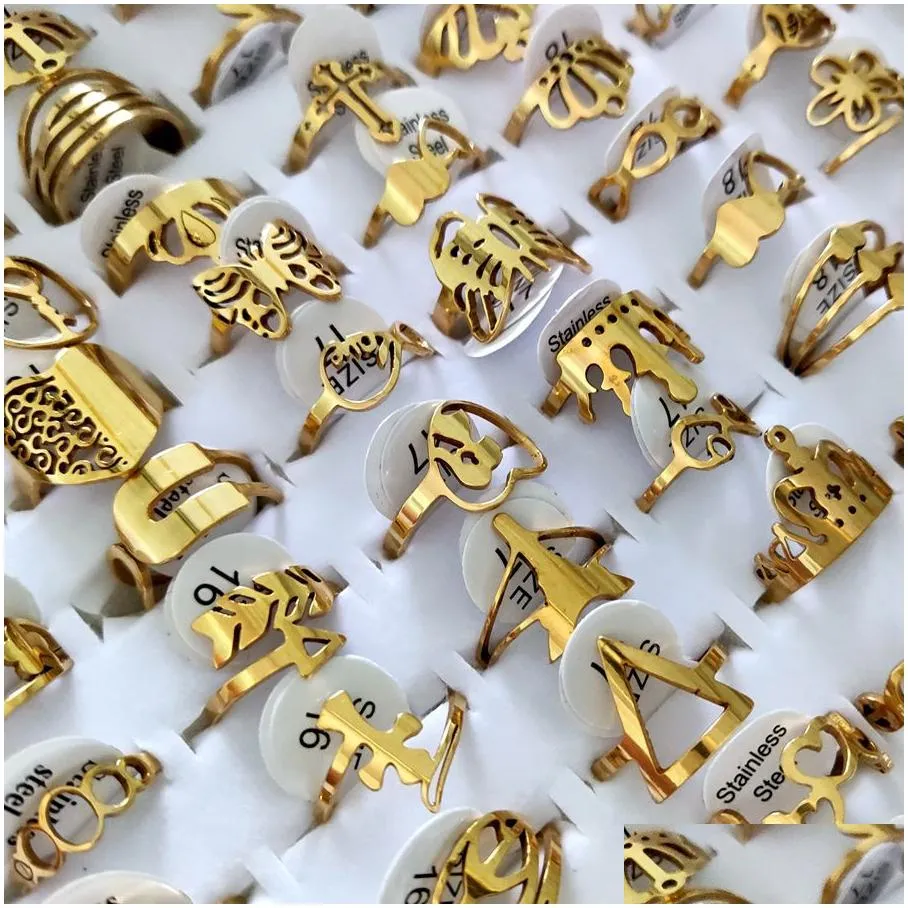 Band Rings 100Pcs/Lot Laser Cutting For Women Styles Mix Gold Stainless Steel Charm Ring Girls Birthday Party Favor Female B Dhgarden Dhqrw