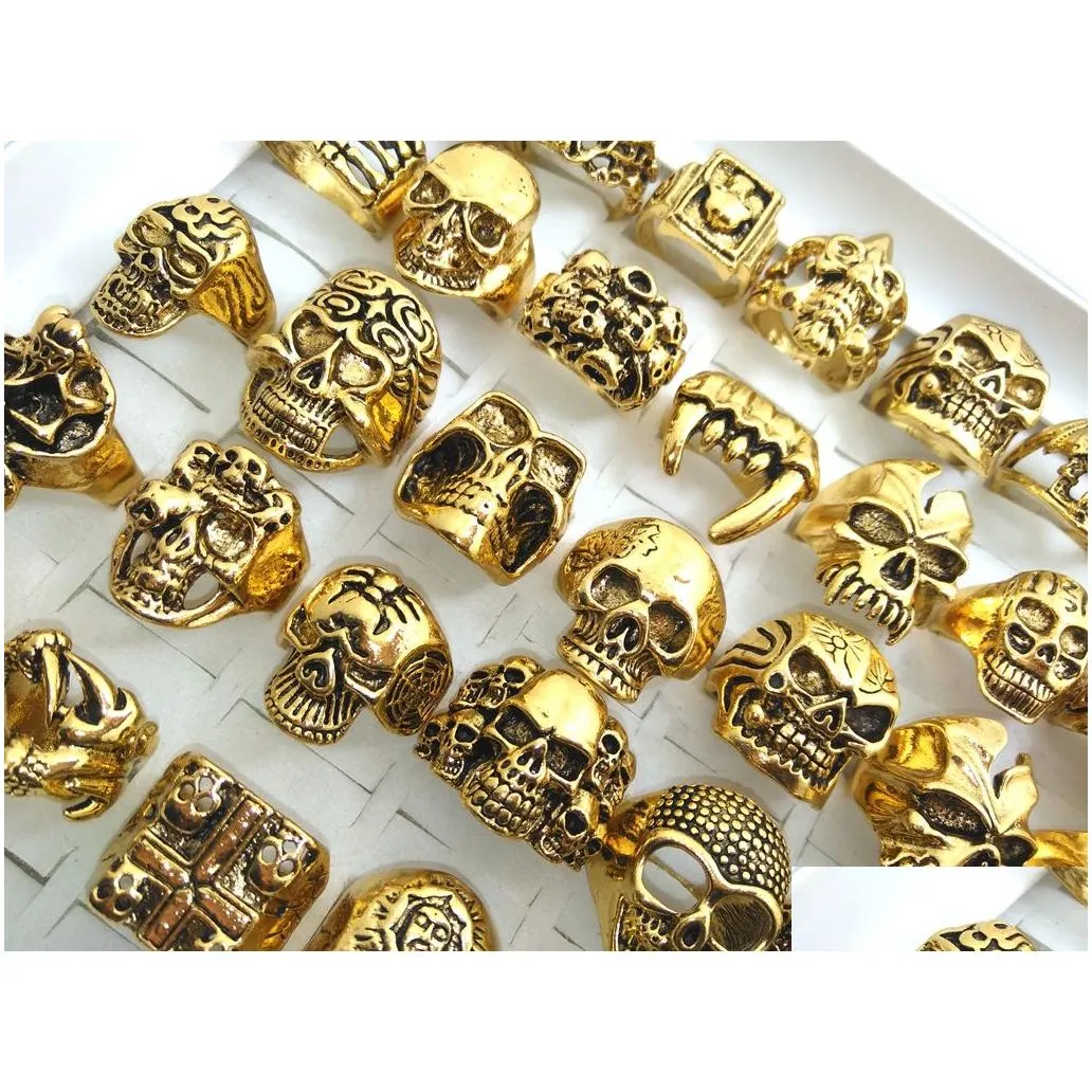 Solitärring 50 Stück Top Mix Gold Big Skl Skelett Gothic Ringe Herren Biker Punk Großhandel Fashoin Schmuck Viele Drop Lieferung Dhgarden Dhzoy