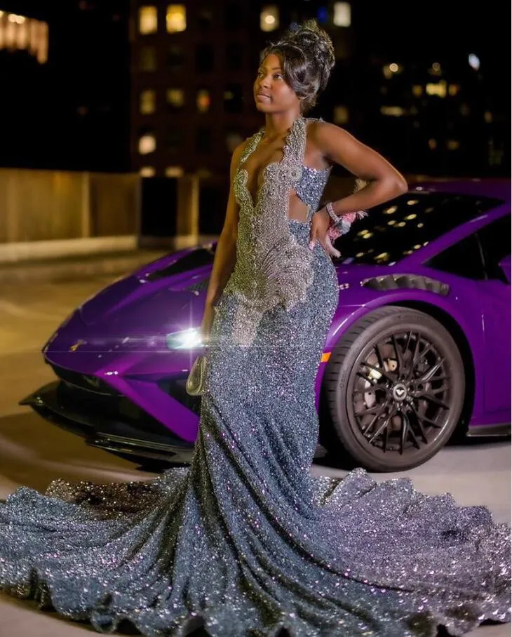strapless open back dress Gorgeous Long Silver Mermaid Beaded Diamond Prom Dress with Ruffles main image 0