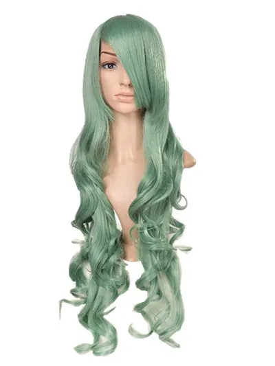 Wigs Curly Wig FeiShow Synthetic Heat Resistant Cover Face Bangs Carnival Hair Halloween Cosplay Party Women Female Green Hairpiece