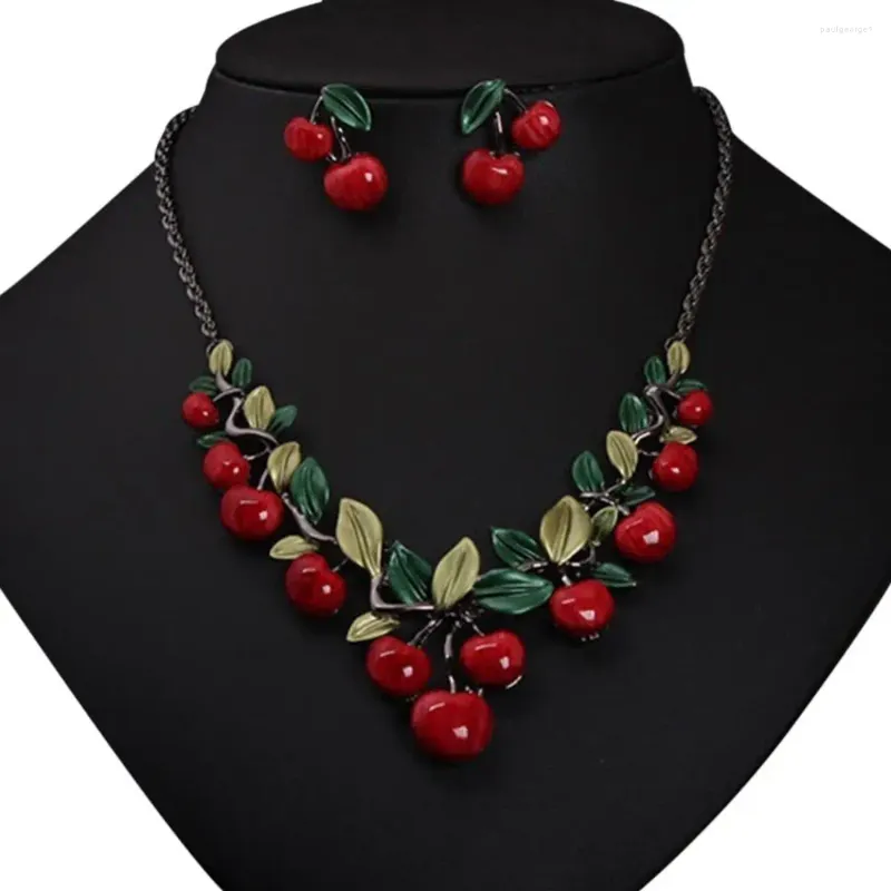 Collier Boucles D'oreilles Ensemble 1 Vintage Fruits Cerise Rouge Bijoux Chic Mariée