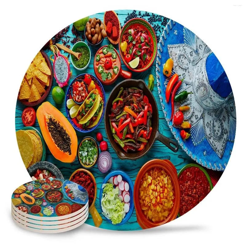 Tapis de table Mexique Sous-verres alimentaires colorés Ensemble en céramique Rond Absorbant Boisson Café Thé Tasse Napperons Tapis