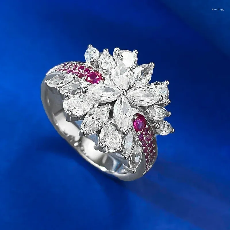 Anéis de cluster 2024 casal rubi anel de diamante real 925 prata esterlina festa de casamento banda para mulheres jóias de noivado nupcial