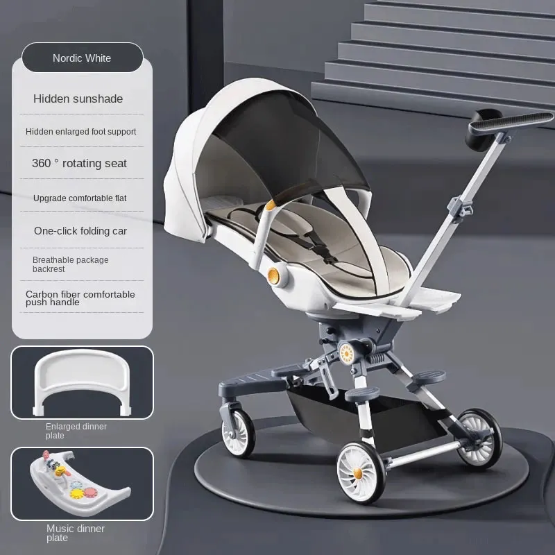 Stroller High View Foldable 6-12 Months Toddler Stroller Toys Baby Portable Two-Way One-Touch Foldable 95°-175° Lay-Flat Removable Food Tray Hidden Foot Support